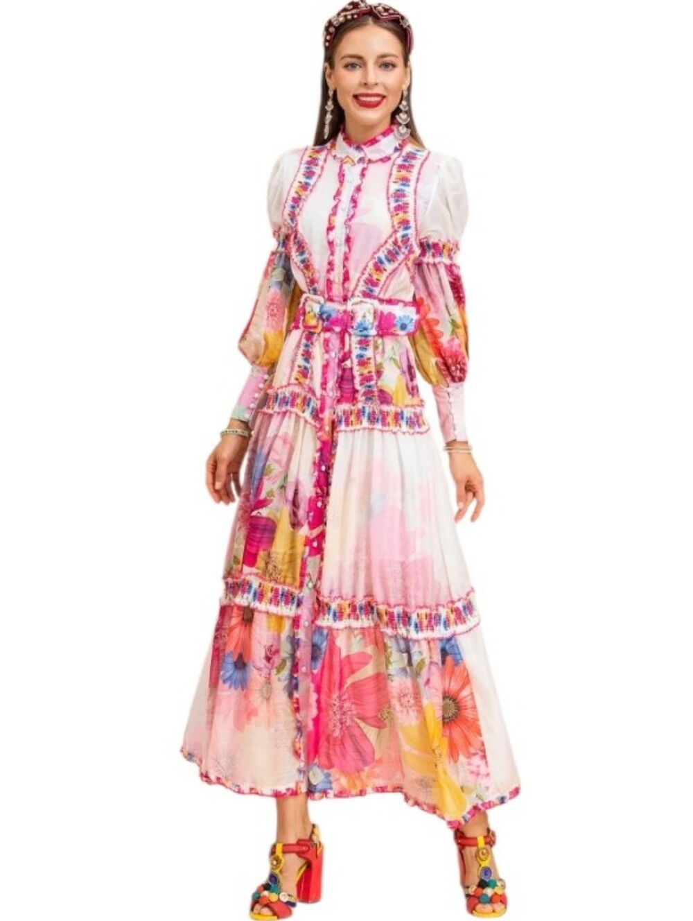 Nwot Louise James Ls Pink Floral Double Latch Belt Front Button Maxi Dress